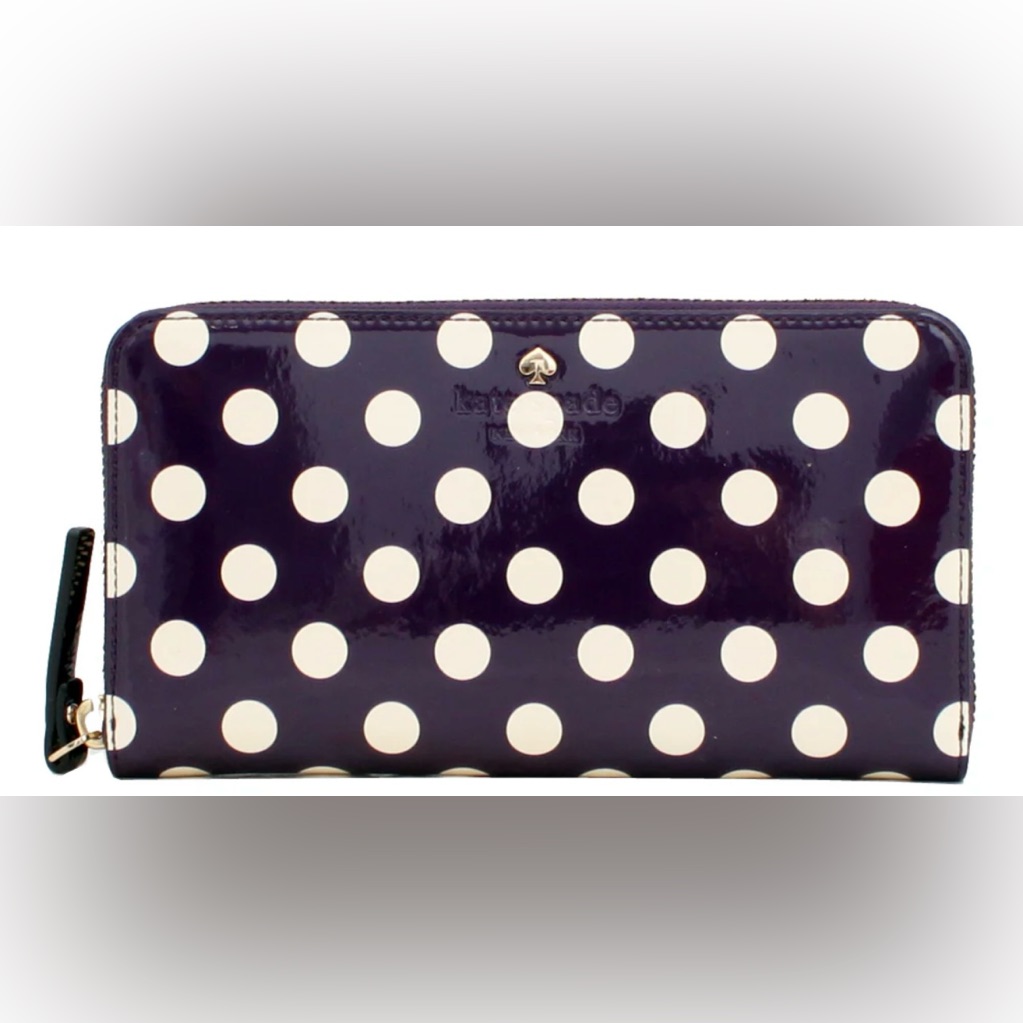 New Kate Spade Carlisle Street Lacey Leather Wallet Clutch Raisin Purple Dots